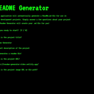 Main screen of Readme generator app. It has green text on a black background with a list of prompts.