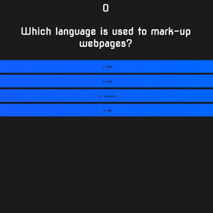 Game screen of quiz app. It has a black background with white text and blue choice buttons.