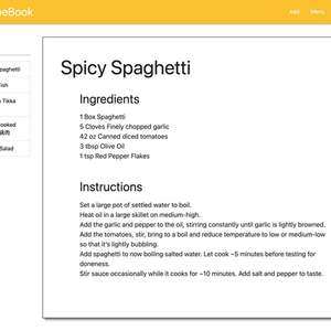 RecipeBook home screen. It has a yellow header with white text. It has a search area on the left and recipe on the right.
