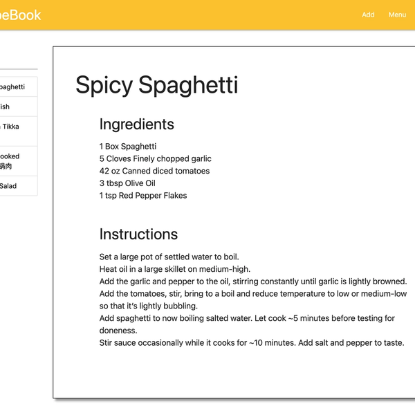 RecipeBook home screen. It has a yellow header with white text. It has a search area on the left and recipe on the right.