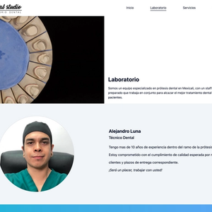 Screenshot of the Lab info page. It has a header with a dental model and title, followed by an image and intro from the technician.