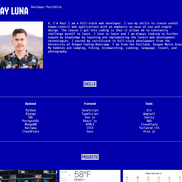 Home page of React.js portfolio. It has a header, about section with a profile image of the developer, a skills section and projects section. It has white text on a blue background.