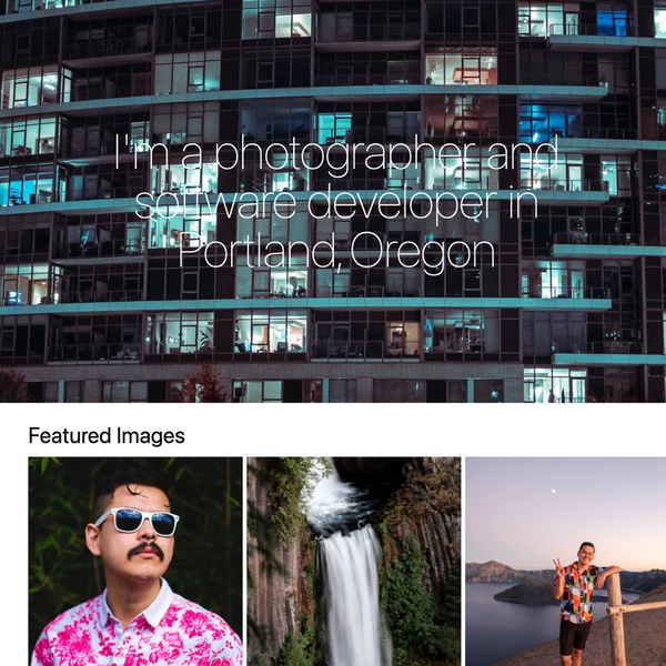 rayluna.net home page. It has a hero banner with an image of a building and an intro. Below is a grid with featured images.