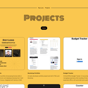 Projects landing page of Astro portfolio. It has a page title, button and 3 by 3 grid of projects. It has brown text on a yellow background.