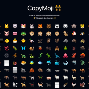 CopyMoji dashboard page. It has a header, a title and a grid of buttons with emojis.
