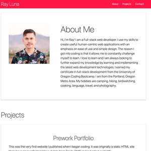 MaterializeCSS portfolio home page. It has a hot pink header with white text, a profile image, about section with bio and projects section.