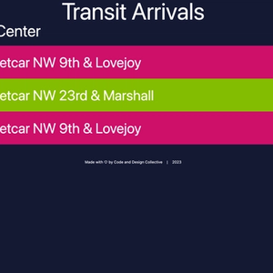 Transit arrivals app screen. It has a title, a stop name and a list of upcoming arrivals at that stop.