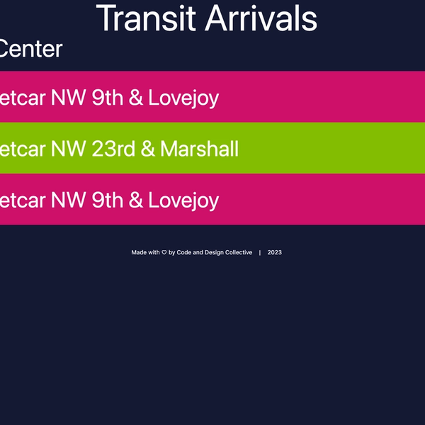 Transit arrivals app screen. It has a title, a stop name and a list of upcoming arrivals at that stop.