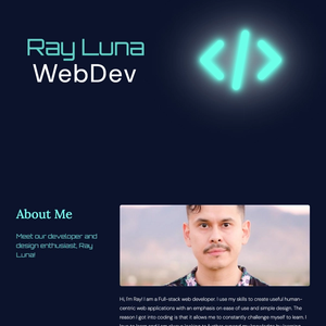 Alpine.js portfolio home page. It has a hero section with a neon blue code logo. Below is an about section with and introduction and image of the developer.
