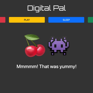 Game page of Digital Pal app. It has a title, game buttons in various colors and an image of the digital pal. Below is white text on a black backround.