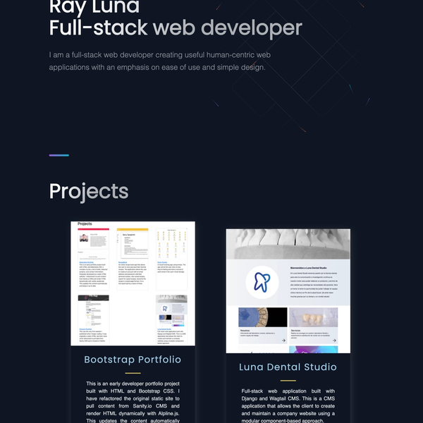 Next.js portfolio home screen. It has white text on a navy blue background. It has a nav bar, hero section and projects in a 2 by 2 grid.