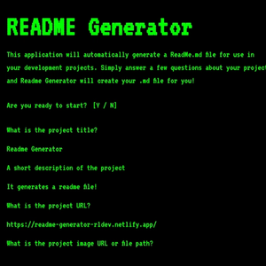 Main screen of Readme generator app. It has green text on a black background with a list of prompts.