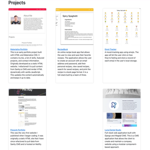 Bootstrap portfolio projects page. It has a dark header bar with white text and a projects section with links in a 3 by 3 grid.