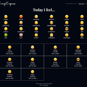 Emoji Express dashboard page. It has a header, a title and a grid of buttons with emojis.