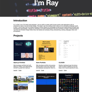 Prework portfolio home page. It has a header with a greeting, an intro section and list of projects in a 3 by 3 grid.