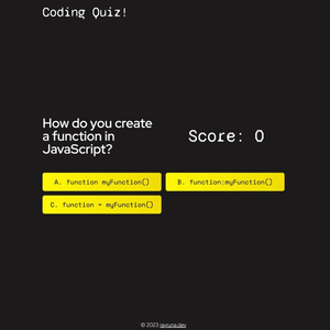 Screenshot of coding quiz game app. It has a title, a question prompt and three yellow choice buttons.