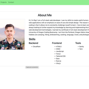 React portfolio screenshot. It has a green header with links, a profile image, about and skills section. The page has black text on a white background.