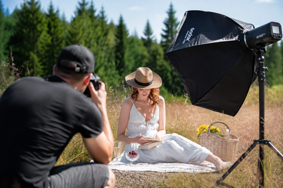 Bak kulissene under en utendørs fotoshoot i et solfylt englandskap. En fotograf tar bilder av en modell i en hvit sommerkjole og stråhatt som sitter på et piknikteppe og leser en bok. Ved siden av modellen står en Godox AD400-blits med softboks, mens en piknikkurv, blomster, kirsebær og et glass fullfører den sommerlige stemningen. Nakne trær og grønn skog danner en myk bakgrunn med naturlig bokeh.