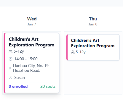 A schedule that can be sent to parents to check class times anytime, tracking their child's lesson attendance.