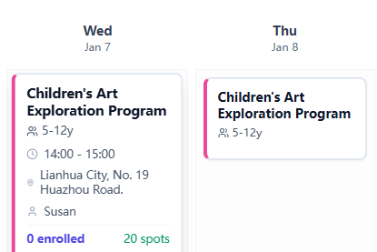 A schedule that can be sent to parents to check class times anytime, tracking their child's lesson attendance.