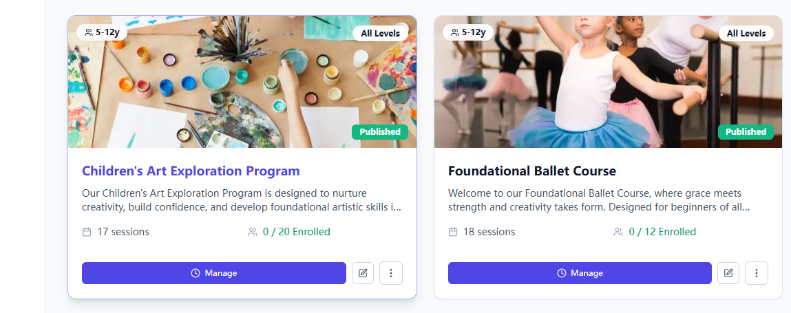 Training institution class scheduling tool for managing lessons and booking classes.