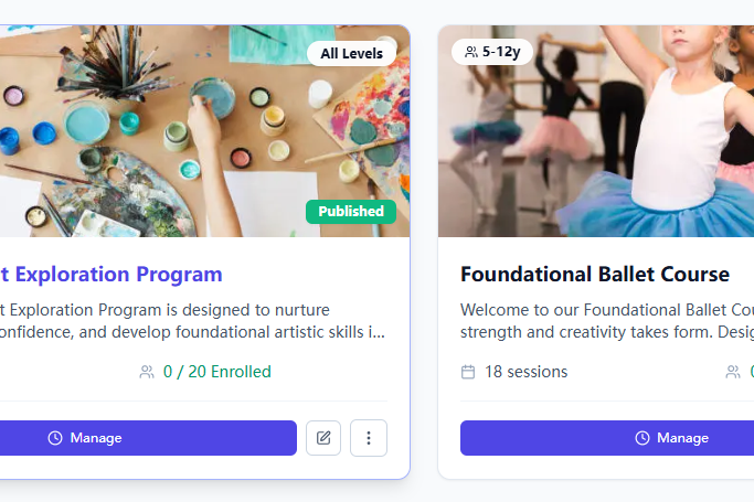 Training institution class scheduling tool for managing lessons and booking classes.