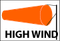 Wind Advisory Icon An image of a bright orange wind sock indicating high winds. Text under the image says: "High wind".