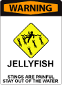 Box Jellyfish Warning Icon A sign with bold red text at the top that says "Warning" and iconography that depicts a swimmer surrounded by jellyfish. At the bottom the sign says: "Jellyfish. Stings are painful, stay out of water."