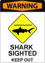 Shark Warning Icon A sign with bold red text at the top that says "Warning", and iconography that indicates the presence of a shark. Text under the icon says: "Shark sighted. Keep out."