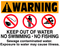 Brown Water Alert Icon A sign with large, red text that says "Warning" at the top, three icons depicting water activities that are not allowed, and text that says: "Keep out of water. No swimming. No fishing." Also indicates sewage contamination.