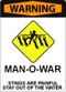 A sign with bold red text at the top that says "Warning" and iconography that depicts a person swimming surrounded by jellyfish. Under the iconography there is text that says: "Man-o-war. Stings are painful, stay out of water."