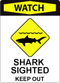 Shark Watch Icon A sign with bold red lettering that says "Watch" with iconography that depicts a shark swimming near shore. Under the iconography, text says: "Shark sighted. Keep out."