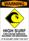 A sign with bold, red lettering at the top that says "Warning". Iconography depicts large waves near shore and has text underneath it that says: "High surf can cause serious injuries or drowning. When in doubt, don't go out."