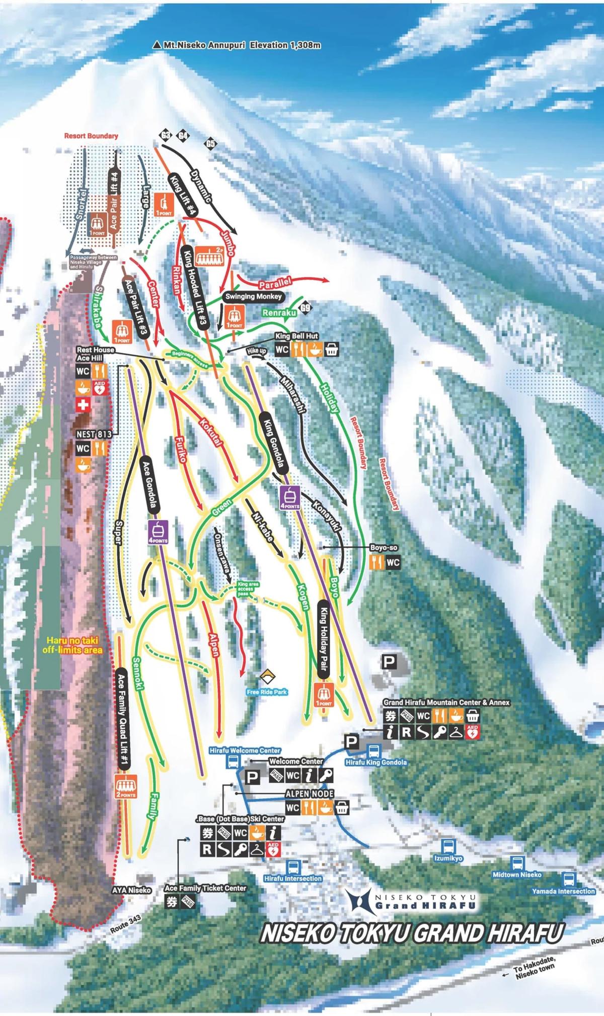 比羅夫雪場雪道圖,標示四條主纜車與各條雪道位置