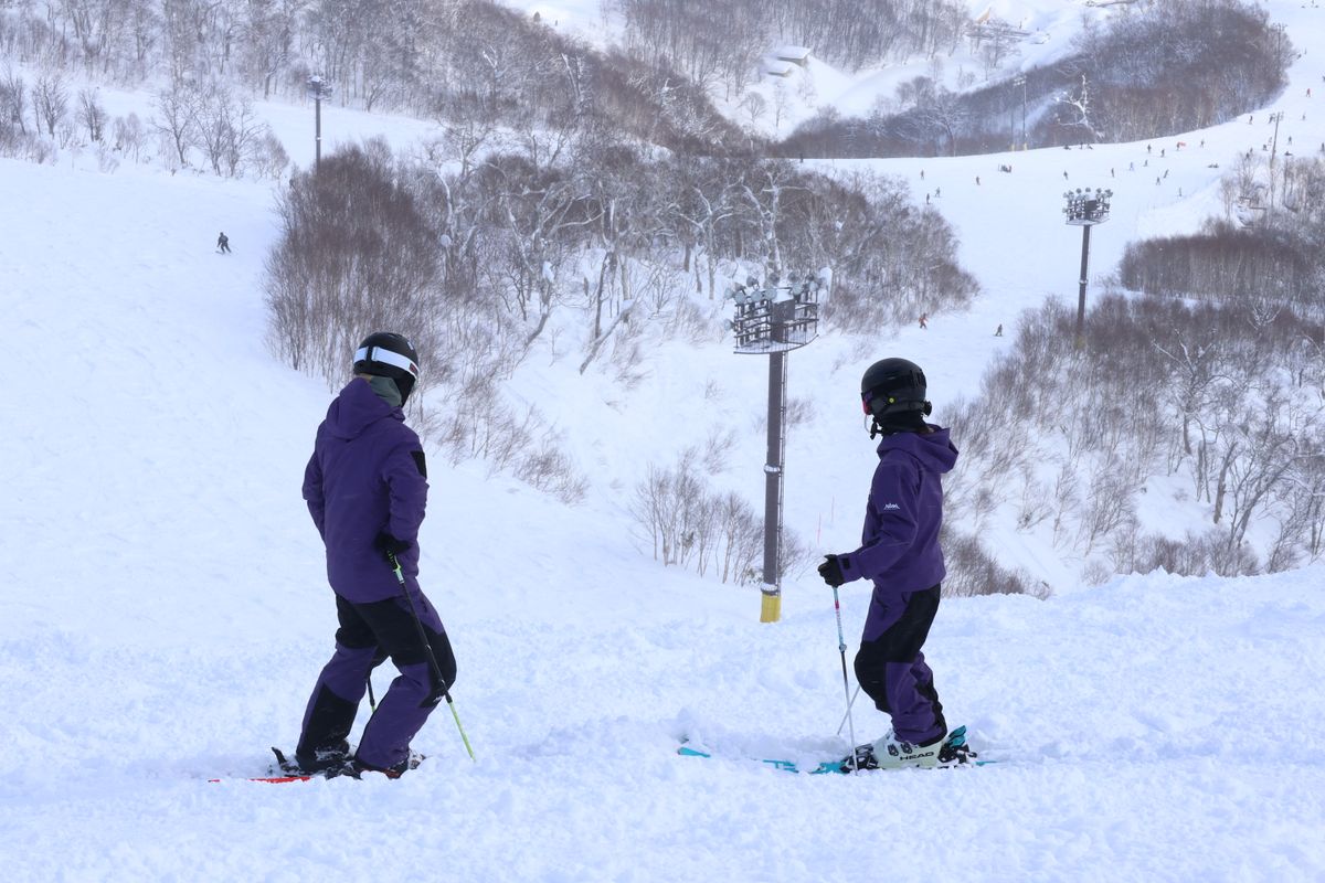 兩位穿紫色 FUYU 雪衣的人站在雪道上看向對面的樹林地形