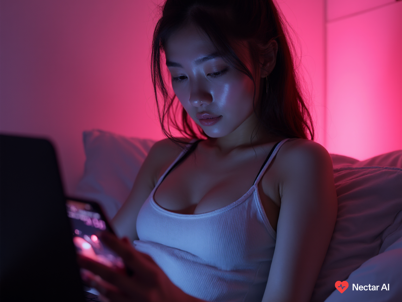 Young East Asian woman in a white tank top sitting on a bed, looking down at her smartphone in a room illuminated by pink ambient lighting. Generated by Nectar AI