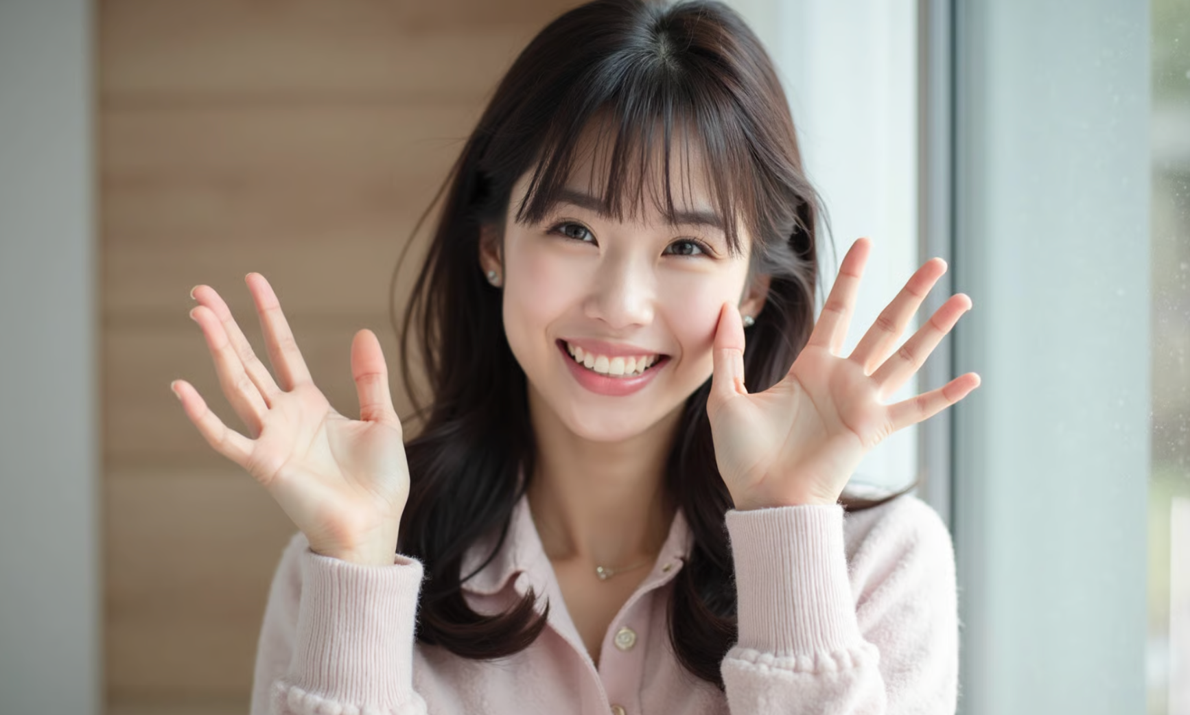 Cute japanese girl with bangs waving her hands