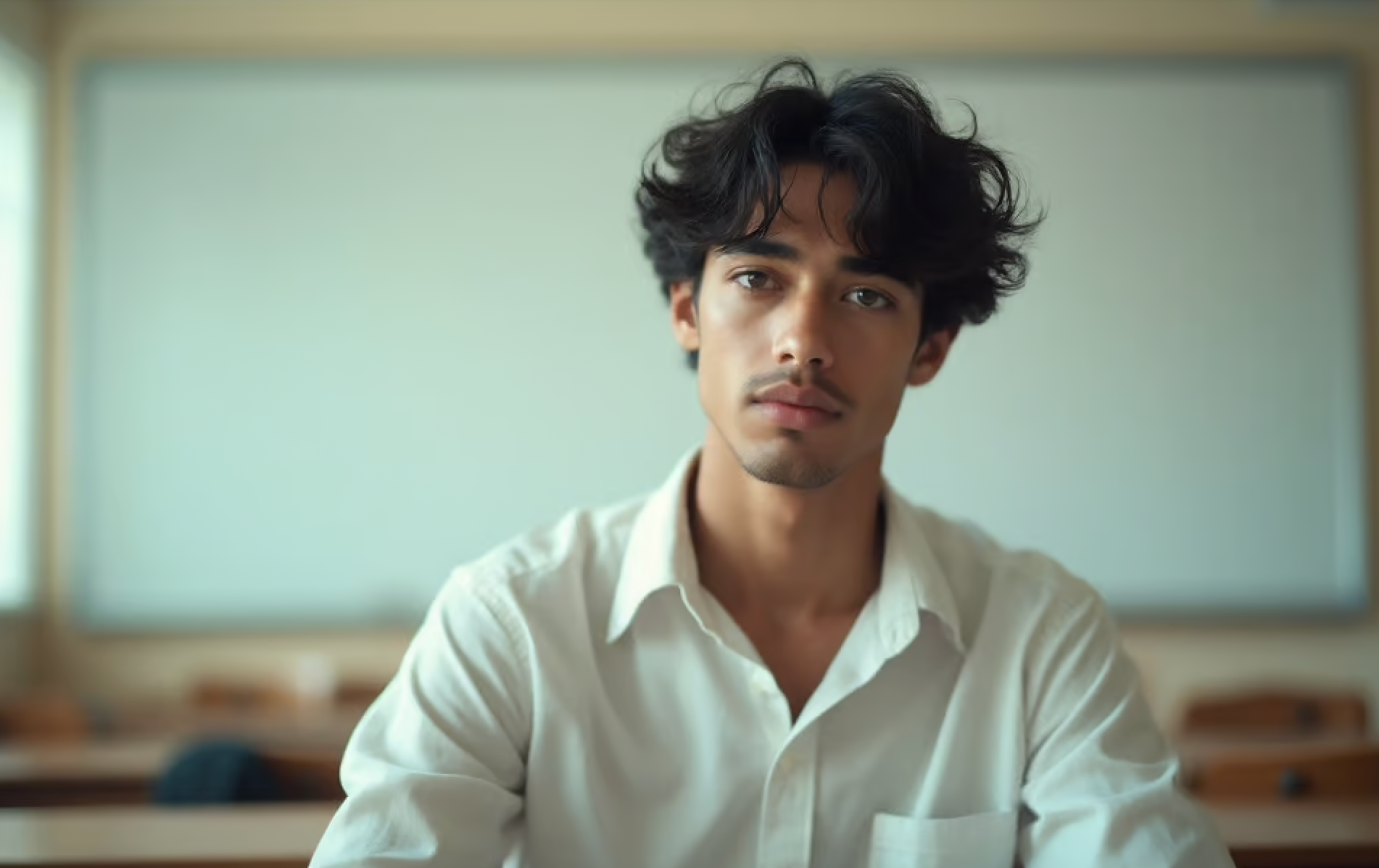 Young man with wavy dark hair wearing a white shirt sitting in a classroom, looking serious and thoughtful, with a whiteboard in the background