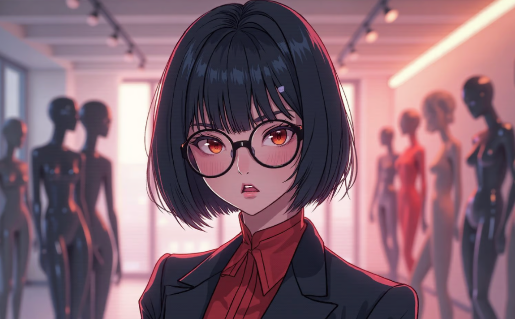 anime girl with short hair and bangs wearing glasses red blouse and black jacket