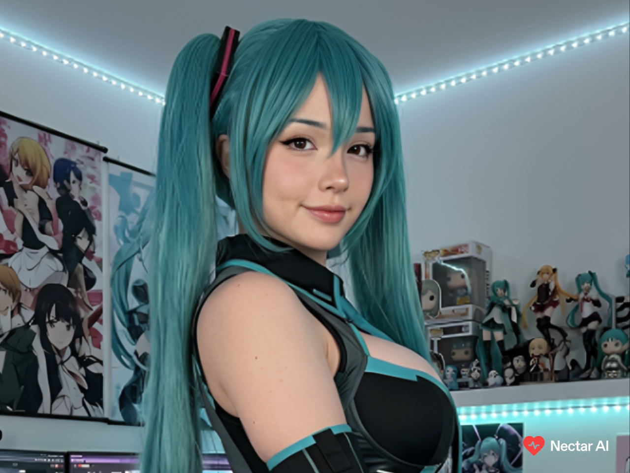 A close-up portrait of a woman cosplaying as an anime character with long, vibrant teal hair in twin tails, wearing a futuristic black and teal outfit.