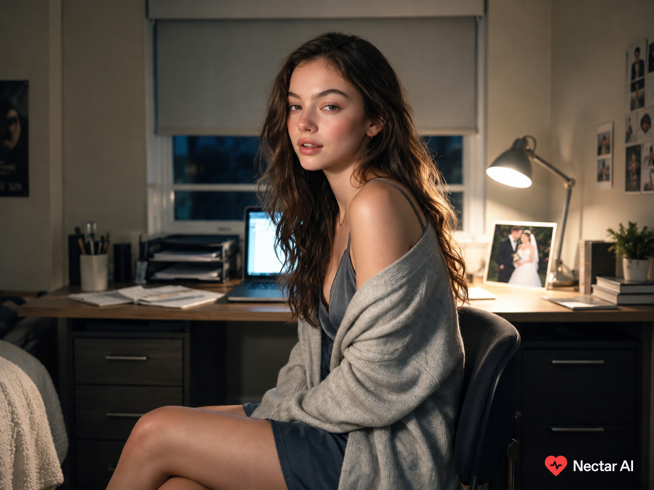 A young woman sitting at a dimly lit desk in a cozy bedroom, wearing a dark slip dress and a light grey sweater draped over her shoulders, with a desk lamp illuminating the background. Generated by Nectar AI