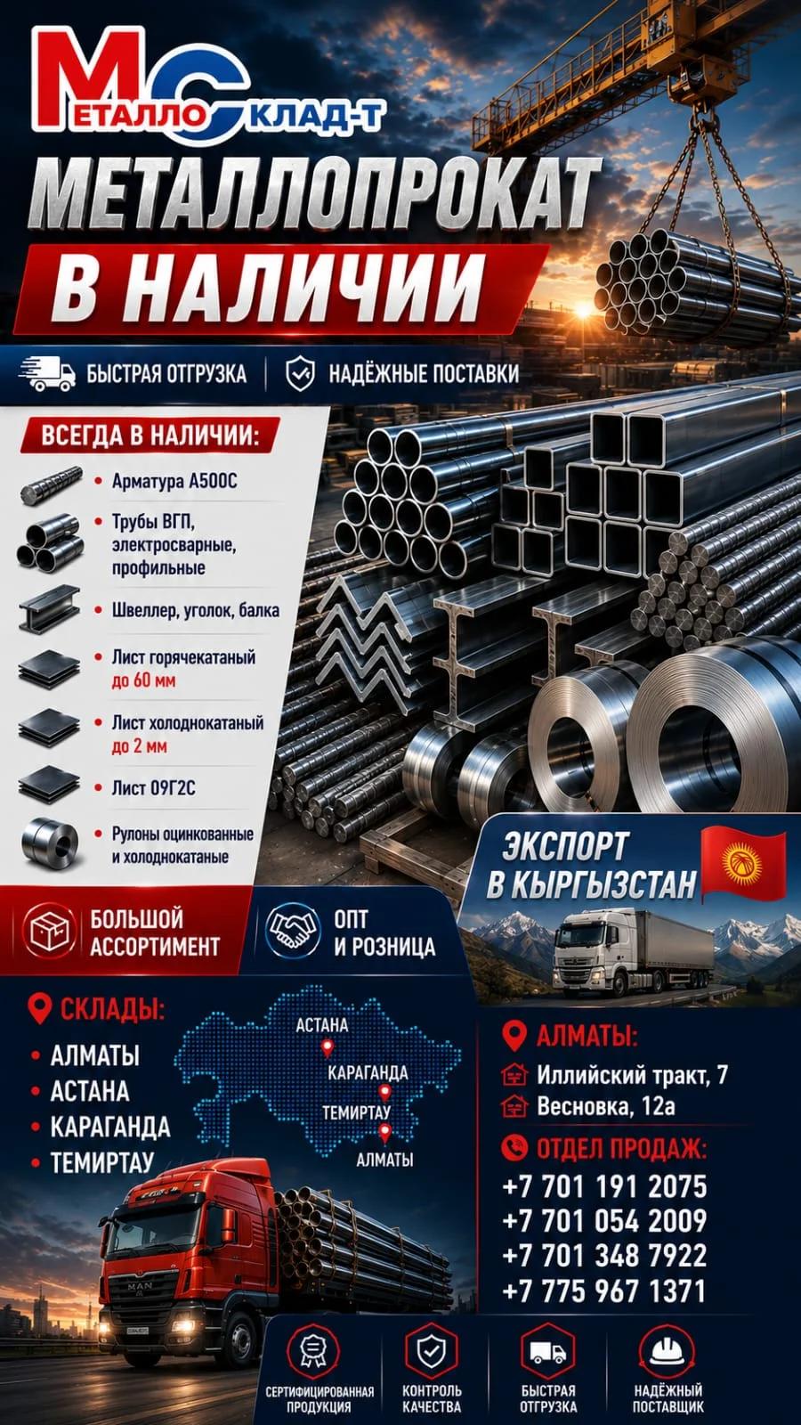 Арматура, швеллер, уголок, профнастил, трубы, лист, штрипс, оцинкованный прокат. | Другое сырье и материалы | Алматы | 3