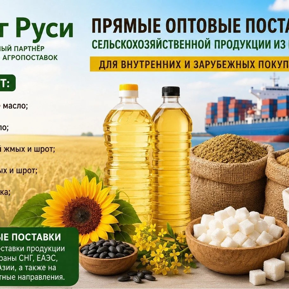 Сельхозпродукция оптом из России - масла, шрот, мука, сахар на экспорт | Бакалея | Астана | Галерея объявления (SEO) | 1