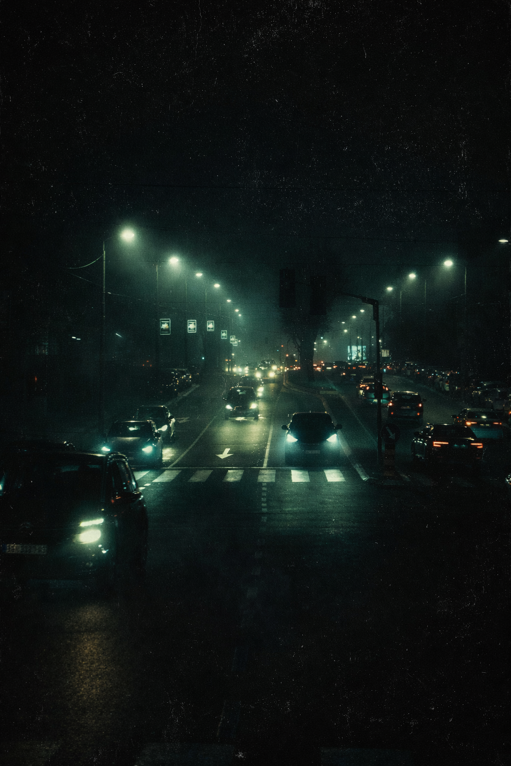 Atmospheric night street photograph with greenish-cyan streetlights illuminating a dark wet boulevard filled with traffic and glowing car headlights.