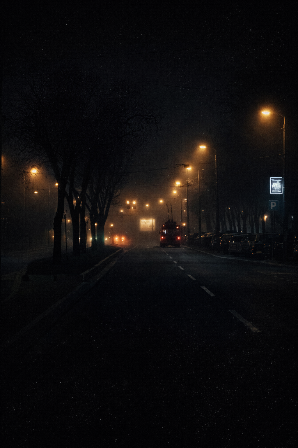 Atmospheric night photograph of an empty, dimly lit urban street lined with glowing yellow streetlights vanishing into thick fog.