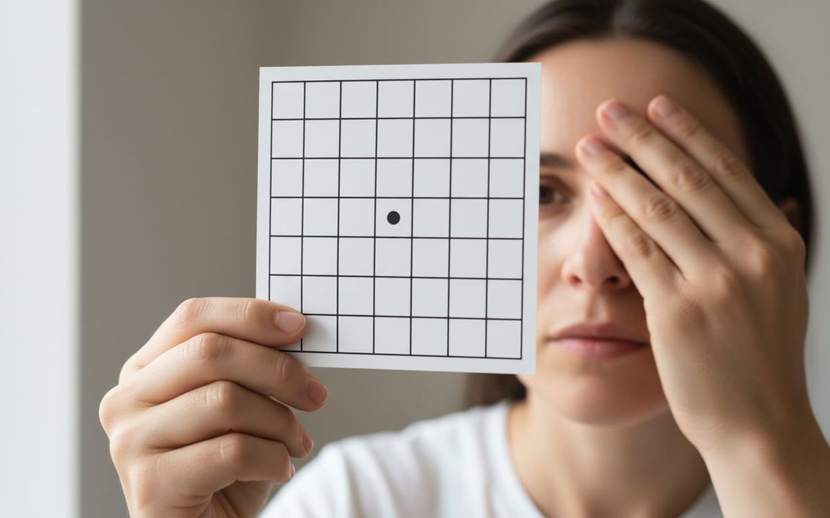 5. Diagnosticul degenerescentei maculare (femeie care tine o foaie in mana, grila Amsler, test pentru vederea centrala)