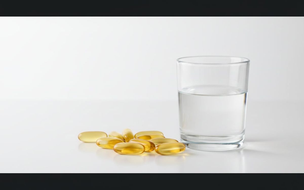 7. Suplimente cu luteina (capsule cu luteina, pahar cu apa, fundal alb)