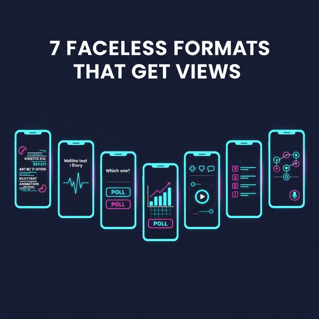 Illustration of seven phone screens showing different faceless video formats including motion graphics, text stories, quizzes, and data visualisations