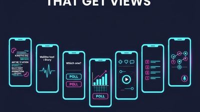 Illustration of seven phone screens showing different faceless video formats including motion graphics, text stories, quizzes, and data visualisations