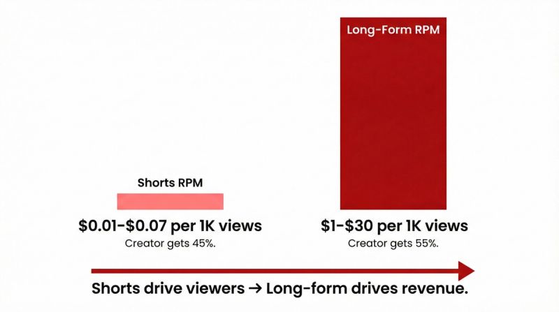 Comparison of YouTube Shorts RPM versus long-form video RPM showing the revenue gap between formats